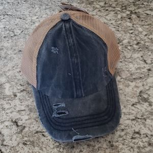 Denim blue distressed criss cross CC baseball cap